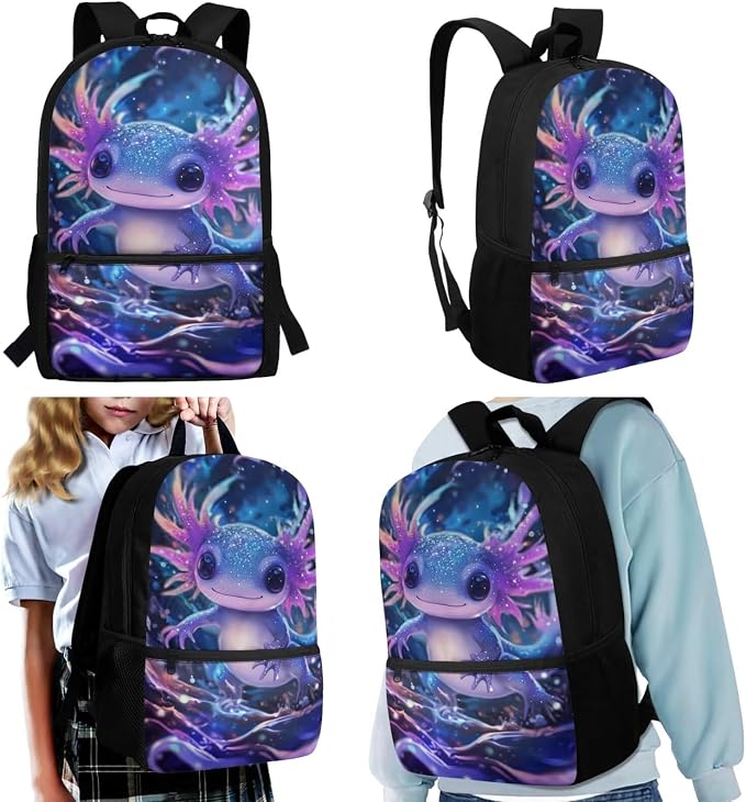 Axolotl Backpack for Girls 8-10 6-8 Children's Back to School Bag with Lunch Box and Pencil Case and Water Bottle Holder 4Pc Travel/Camping Rucksack 17'' School Bookbag Set - Image 2