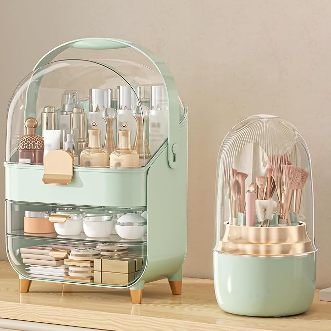 Makeup Organizer Countertop, Skincare Holder Bathroom Counter Organizer, Storage Box Cosmetic Display Cases, Teen Girl Gifts Make up Organizers (Green/Brush) by Anylady
