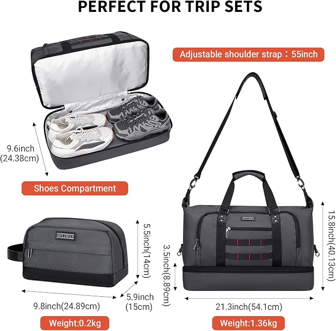 WITZMAN Travel Duffle Bags for Men Weekender Bags with Toiletry Bag Sets Carry On Overnight Bag 55L （B696 Silvery Grey） | Multi-pockets with Shoe Compartment and Dry-wet Pocket, Carry On, Convertible for Gym, Overnight, Sports, B696 Silvery Grey - Image 5