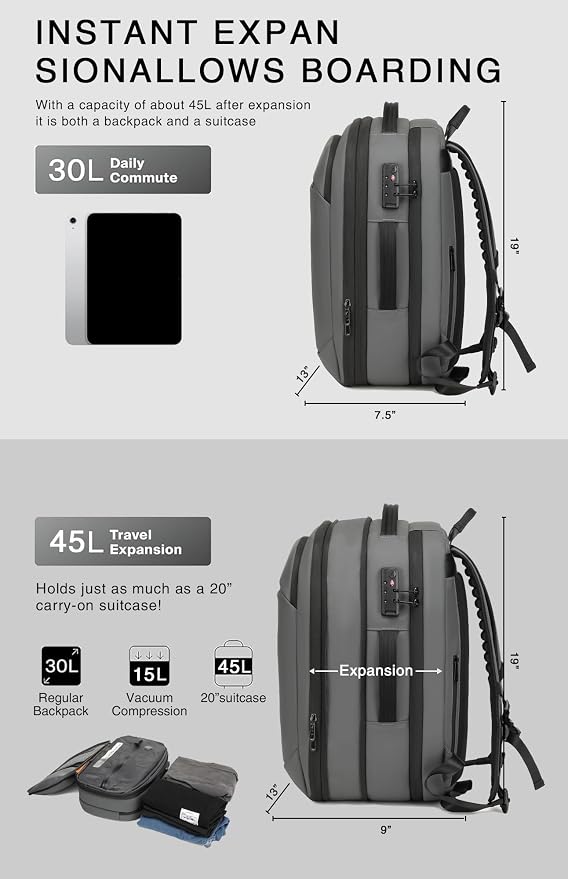 Vacuum Seal Travel Backpack 45L with Pump - Expandable Air Compression System, Water-Resistant Business TSA Lock, Laptop Backpack, Carry-On Suitcase Luggage, Gifts for Men - Image 7
