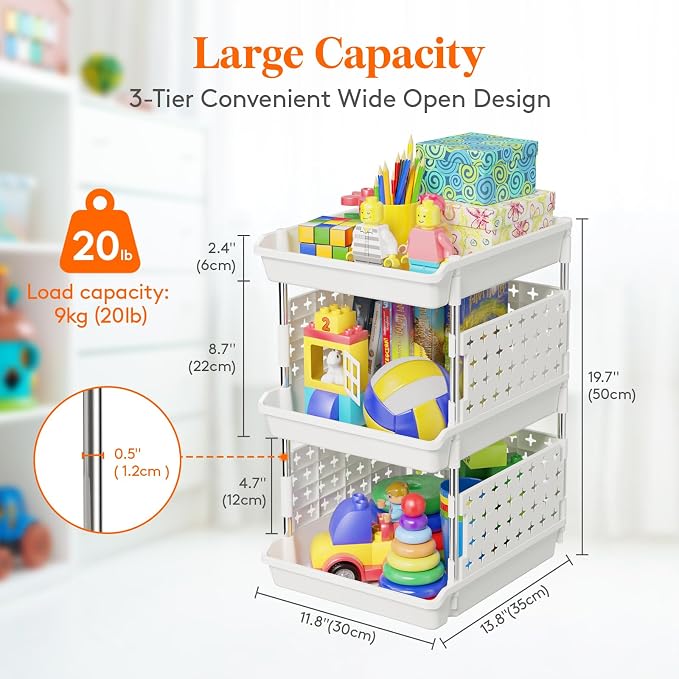 Lifewit Plastic Stackable Storage Baskets, 3 Tier Stacking Bins for Food and Clothes, Multifunctional Organizer for RV, Kitchen, Playroom, Pantry, White, 35 x 30 x 50 cm/14 x 12 x 20 inch, 1 Pack - Image 3