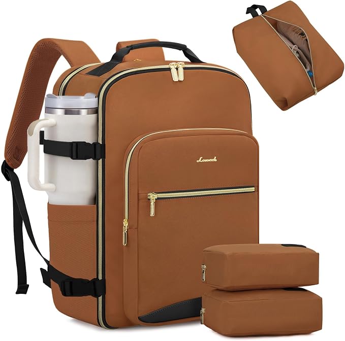 LOVEVOOK 40L Large Travel Backpack for Women Men, 17 Inch Carry on Backpack for Traveling on Airplane, Personal Item Travel Bag Airline Approved, Business Causal Weekender Backpack, Brown Yellow-Black by LOVEVOOK