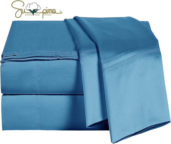 100% Supima Cotton Sheets 600 Thread Count,Bed Sheet Set King Sheets 4 Pieces, Soft & Silky Sateen Weave, Fits Mattress Up to 18'',Deep Pocket, Breathable & Fade Resistant (Peacock Blue, King) by ELINEN