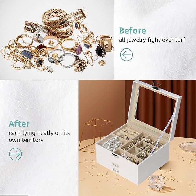 BOOVO Clear Lid Jewelry Box,3 Layers Jewelry Organizer Large Jewelry Storage Box with 2 Drawers,Jewelry Holder Organzier of Rings Earrings Necklace Bracelets for Women (White, 3 Layer) - Image 7