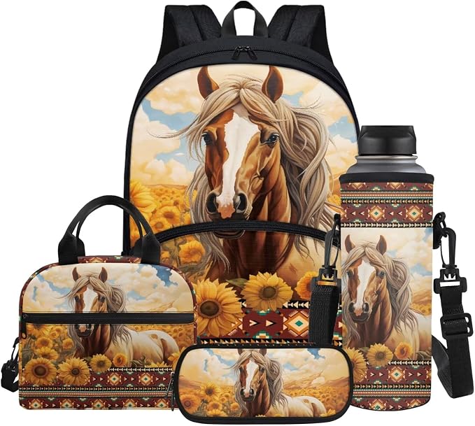 Aztec Western Backpack for Boys Girls Sunflowers Horse Print Back to School Shoulder Bookbags Set, Insulated Thermal Lunch Totes,Pencil Holder,Cooler Water Bottle Sleeve 4 in 1 by Glomenade