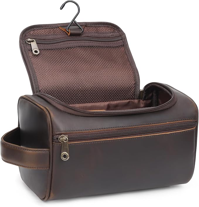 TIDING Mens Leather Hanging Toiletry Bag Travel Shaving Kit Portable Makeup Cosmetic Organizer Wash Case by TIDING
