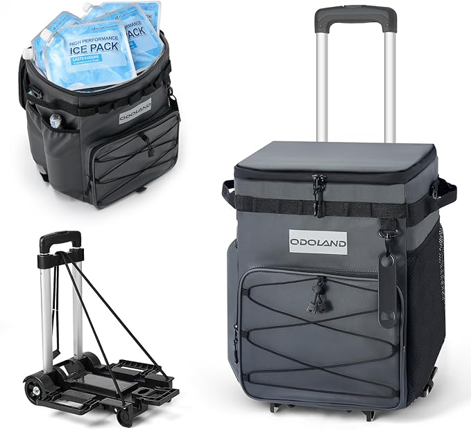 Odoland 72 Can Rolling Cooler Bag with Wheels & Handle, Collapsible Insulated Ice Chest for Beach, Camping & Tailgating - Portable Travel Soft Cooler on Wheels, Collapses for Easy Storage by Odoland