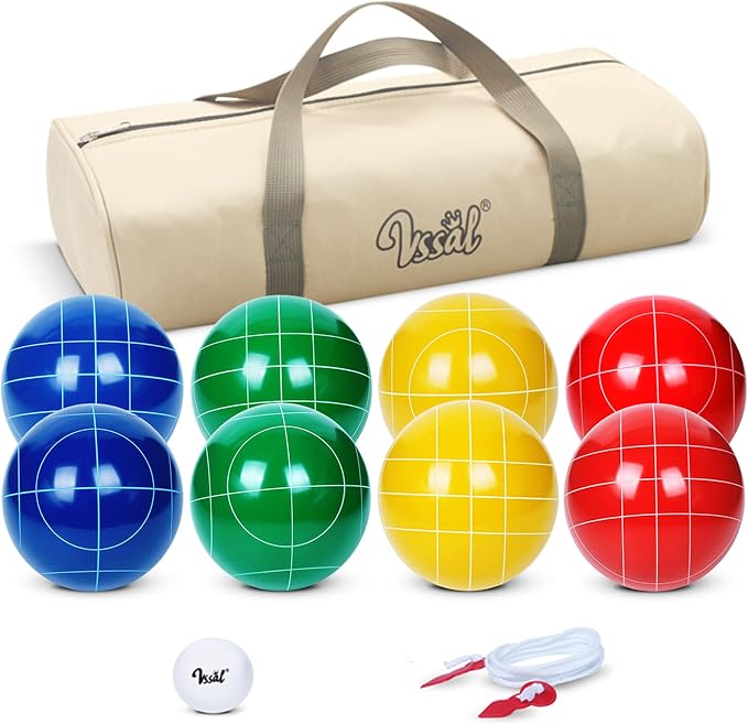 100mm Bocce Ball Set Regulation Size and Weight with 8 Resin Bochie Balls, Pallino, Carrying Bag, Measuring Rope, Gift for Family Backyard Lawn Yard Beach Bocci Games (Multi Colors, 2-8 Players) by VSSAL