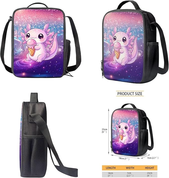 Axolotl Kids School Backpack 4-in-1 Set, Gifts for Girls Age 6-12, 17'' Cute Bookbag with Insulated Lunch Box, Pencil Case & Water Bottle Holder for Back to School Birthday Christmas - Image 5