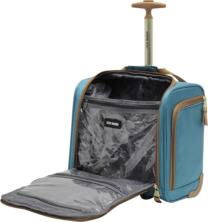 Steve Madden Designer 15 Inch Carry on Suitcase- Small Weekender Overnight Business Travel Luggage- Lightweight 2- Rolling Spinner Wheels Under Seat Bag for Women (Harlo Teal Blue) - Image 4