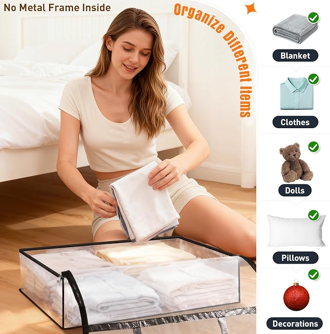 Clear Under Bed Storage Containers - 6 Pack Large Capacity Clothes Storage Bags with Lid & Sturdy Handles, Foldable Moving Bags, Clothing Organizer Totes for Bedding, Comforter, Sheet（90 L） - Image 5