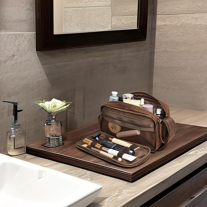 S-ZONE Leather Travel Toiletry Bag for Men Women Cosmetic Shaving Bags | Vintage Top Grain Leather, Multi Compartments, Bronze Hardware, Compact Dopp Kit - Image 2