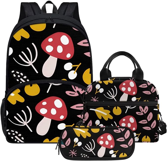 Black Cartoon Mushroom Backpack with Lunch Box and Pencil Case Girls Comfy Padded Cute School Backpack Set of 3 Bookbag for Student Lightweight Large Capacity Daypack by Parprinty