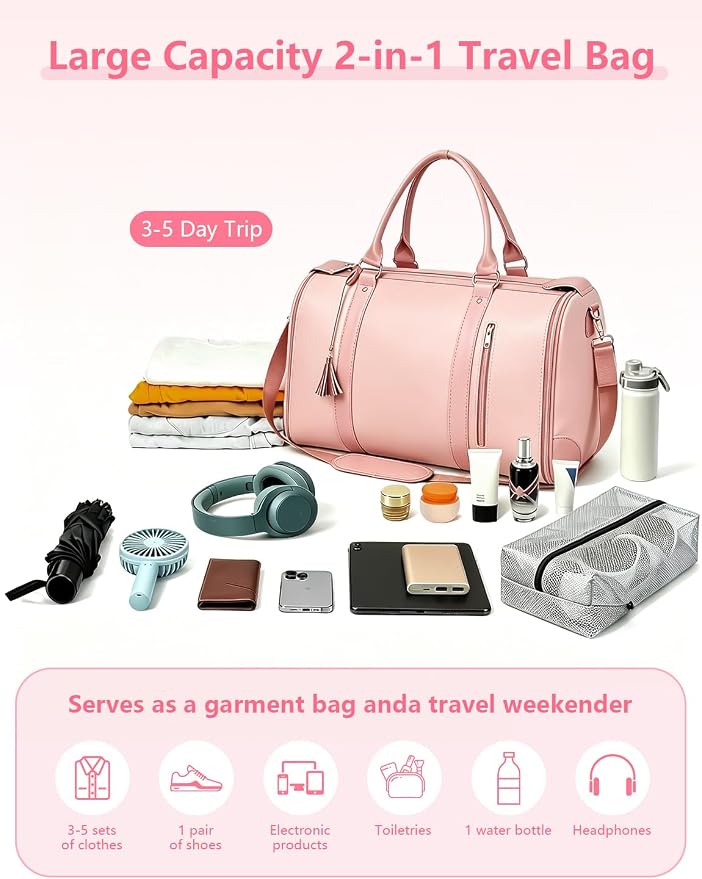 2 in 1 Convertible Garment Duffle Bags for Travel 45L Waterproof Carry on Duffle Bag for Men & Women with Shoe Lmproved Zipper and Reinforced Straps Suitable for Business & Weekend Trips Pink - Image 3