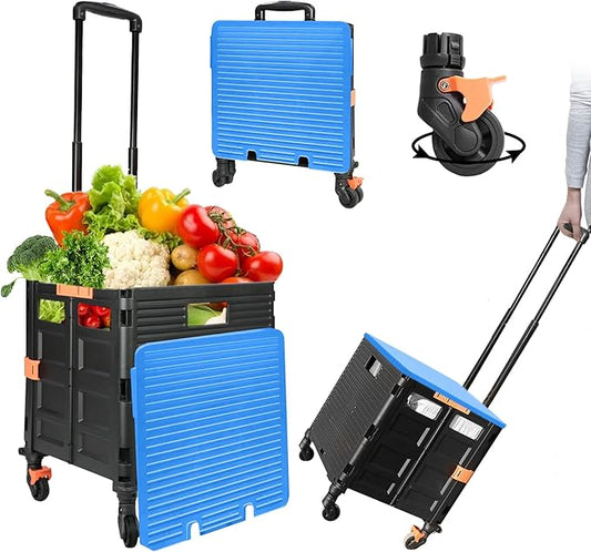 Foldable Utility Cart,Rolling Crate Heavy Duty Shopping Cart with 360° Silent Wheel with Brake System,55L Capacity,Transport Weight up to 177 Pounds,Travel Shopping Moving Luggage Office Use by FELICON