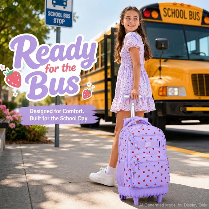 3Pcs Rolling Backpack for Girls, School Roller Bookbag with Wheels, Strawberry Wheeled Backpacks Set for Women (Purple) - Image 8