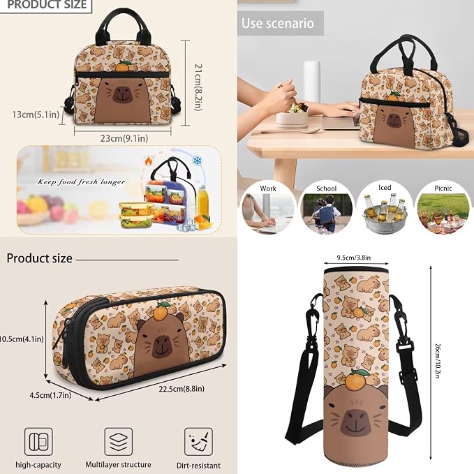 Cartoon Capybara Orange Backpack Set for Girls Boys, Elementary School Book Bag for Kids 8-12, Lightweight School Backpack Lunch Box Pencil Bags Protective Water Bottle Cup Cover, 4 Pcs - Image 6