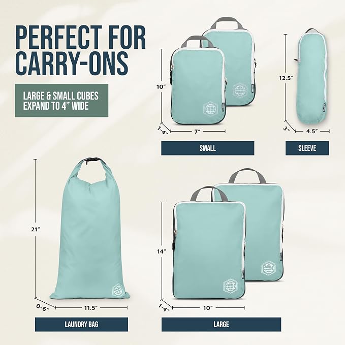 Compression Packing Cubes for Travel, 6-Piece Lightweight Packing Cubes Set for Carry-On Luggage & Backpacks – TRIPPED Travel Gear (Dusty Teal/White) - Image 4