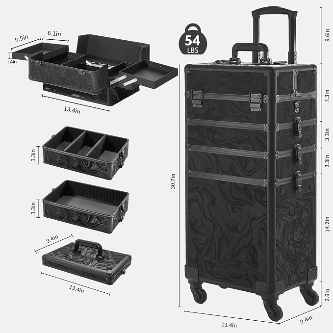 Somduy Rolling Makeup Case, Makeup Train Case with Lid, 5 in 1 Cosmetology Case on Wheels, Christmas Gift, Large Makeup Organizers, Profesional Cosmetic Case for Salon Barber, Pattern Black - Image 3