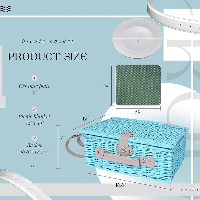 YPshuye Picnic Basket Set for 4 with Waterproof Blanket Mat Insulation Bag Wicker Blue Green Light Hawaiian Tropical Style Gift for Wedding Birthday Summer Camp Outdoor Camping Beach Travel Christmas - Image 4