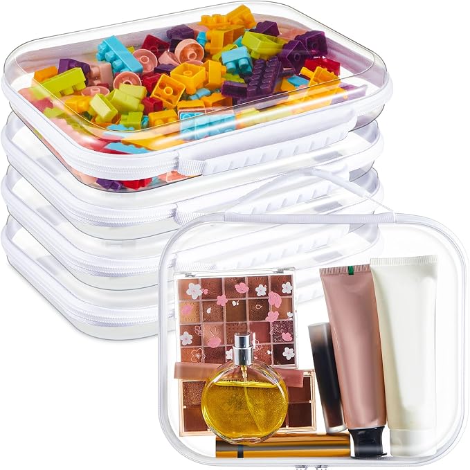 Sanwuta 4 Pcs Clear Hard Zipper Case with Handle Office Storage Cases Hard Plastic Pouches Transparent Bins for Crafts, Snacks, Cosmetics, Puzzles(9.8 x 7.9 x 2 Inches,White) by Sanwuta