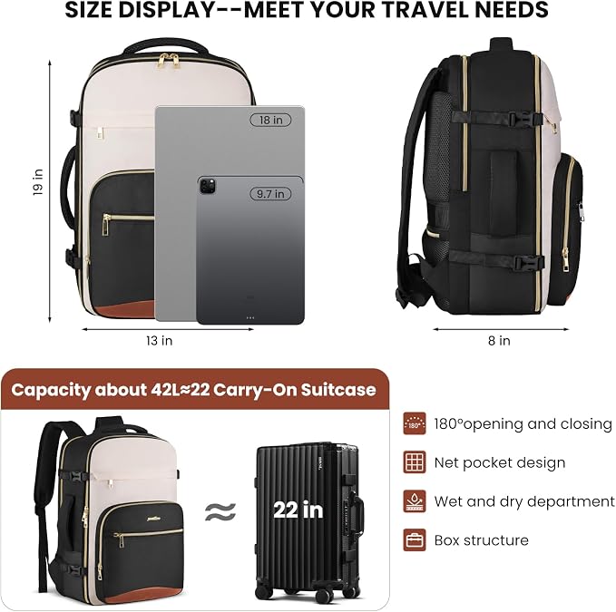 YAMTION 42L Large Travel Backpack for Women,Carry On Luggage with 4 Packing Cubes, Airline Approved Weekender Bookbags for Personal Items fits 18 Inch Laptop - Image 8