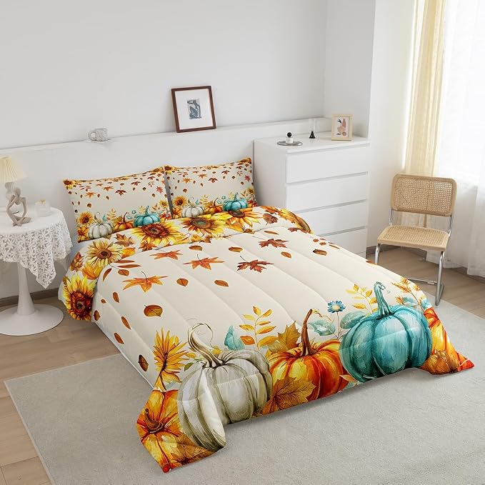 Fall Pumpkin Bedding Set For Home Full Thanksgiving Harvest Season Fruit Decor Comforter Set Autumn Fall Maple Leaf Quilt Comforter for Kids Teen Adults,Rustic Farm Sunflower Bed Sets 2 Pillow Cases - Image 3