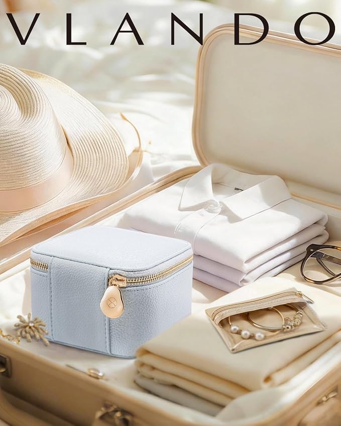 VLANDO Travel Jewelry Case,Travel Jewelry Organize with 6 Velvet Jewelry Zipper Pockets,Premium Petal Hardware Jewelry Case for Birthday Wedding Graduation Gifts-Baby Blue - Image 8