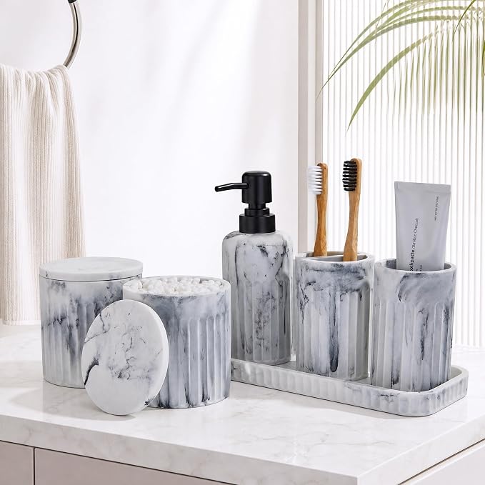 INIUNIK Bathroom Accessory Set, 6 Pieces, Marble White | Resin, Bathroom Accessories Set, with Soap Dispenser Set, Toothbrush Holders, Tumbler, Vanity Tray & 2 Qtip Holder - Image 2