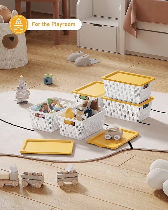 EOENVIVS Storage Bins Bakets with Lids 6 Pack, Stackable Organizer Bins for Small Spaces, Pantry, Closet & Bathroom, Secure Snap Lids, 11x7x5 Plastic Storage Containers for Shelf Organization, White - Image 4