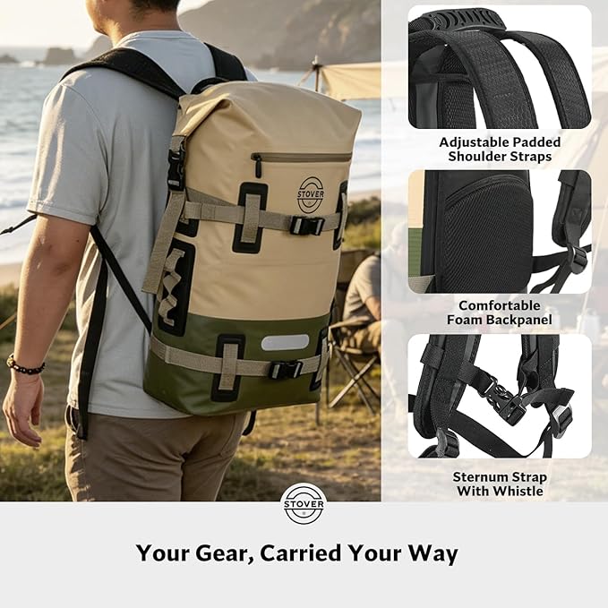 STOVER 40L Waterproof Dry Backpack & Phone Case - X-Large Floating Dry Bag for Kayaking, Travel, Hiking, Fishing, Camping, Motorcycles & Beach, Heavy-Duty Roll Top Men/Women (Tan/Army Green/Brown) - Image 4