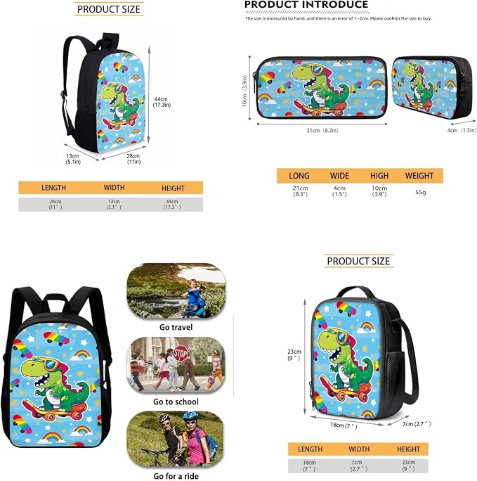 Mumeson Cartoon Dinosaur 3 Piece Backpack Set for Boys Girls,17inch Bookbags with Lunch Bag and Pen Case Bag Cool High School Book Packs Satchel Laptop Bags - Image 5