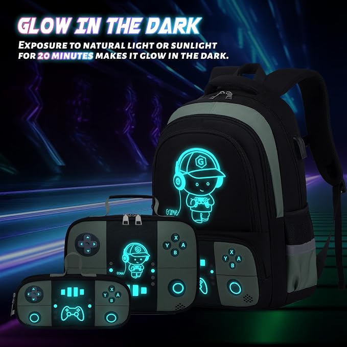 Bevalsa Backpack for School Boys, Cool Luminous Gamer Boys Schoolbag with Lunch Box & Pencil Case Set for Kids Teens Elementary Middle School, Bookbag Glow In The Dark(Green Backpack) - Image 2