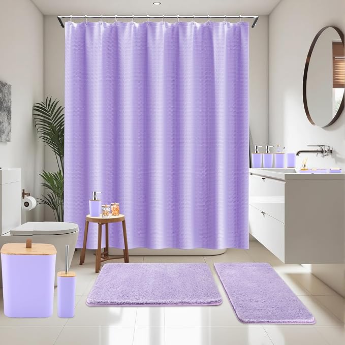 XLHOMO Bathroom Sets with Shower Curtain and Rugs, 27PCS Purple Bathroom Accessories Set with Trash Can, Purple Shower Curtain Set, No Slip Super Absorbent Bathroom Rugs - Image 2