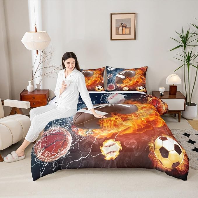 Erosebridal Football Comforter Set Queen Rugby Sports Bedding Set for Teen Boys Kids,Soccer Basketball Baseball Comforter Red Blue Water Fire Lightning Quilt Duvet Insert Bedroom Decor 2 Pillow Cases - Image 2