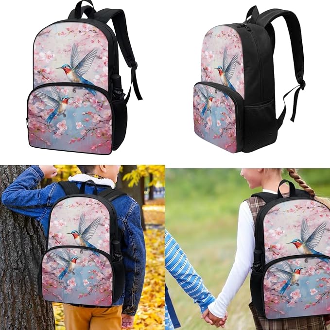 Floral Hummingbird Backpack and Lunch Bag Pencil Case Set for Girls, Middle School Elementary Bookbags, 3Pcs School Bag with Lunch Bag Pencil Case - Image 2