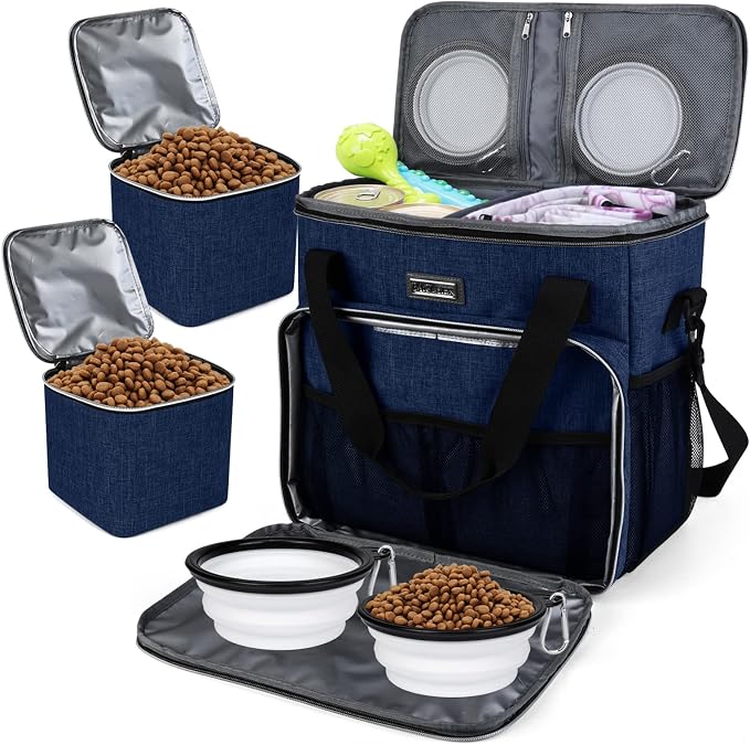 BAGLHER Dog Travel Bag, Pet Travel Bag (ALL Pet Travel Supplies), With 2 Pet Food Containers and 2 Collapsible Silicone Bowls; Essential Kits for Pet Travel Dark Blue by BAGLHER