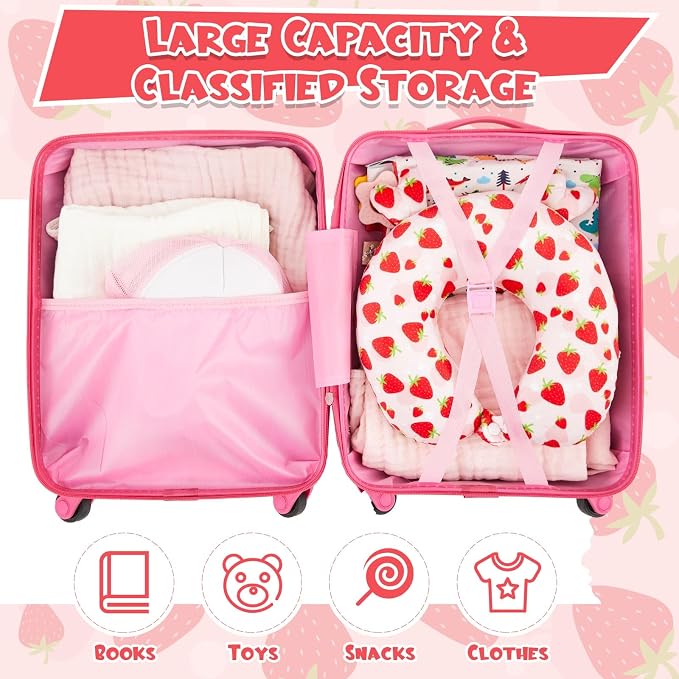 Sanwuta 4 Pcs Kids Luggage Set Back to School Gifts for Girls Boys Carry On Rolling Suitcase Backpack Neck Pillow Travel Set(17 Inch,Strawberry Style,Light Pink) - Image 8