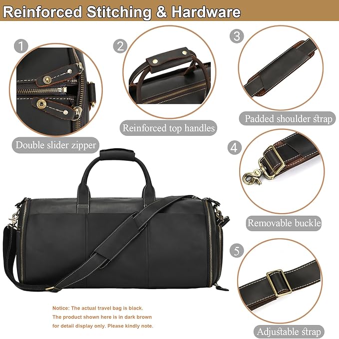 Full Grain Leather Duffel Bag for Men, 2-in-1 Garment Travel Bag with Shoe Compartment, Weekender Overnight Bag for Business Trip, Black - Image 7