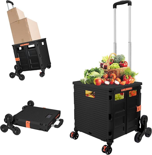 FELICON SELORSS Folding Utility Climber Cart Portable Rolling Crate-Black | Stair Climbing Wheels+360°Swivel Wheels,Telescoping Handle,Plastic Box Dolly for Travel Shop Move Laundry Office Teacher Use by FELICON
