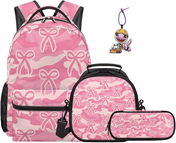 4-Piece Girls Camo Bow School Backpack Set for Kindergarten Elementary Students, Camouflage Pink Ribbon Bookbag and Lunch Bag, Lightweight Water Resistant School Bag by Dremagia