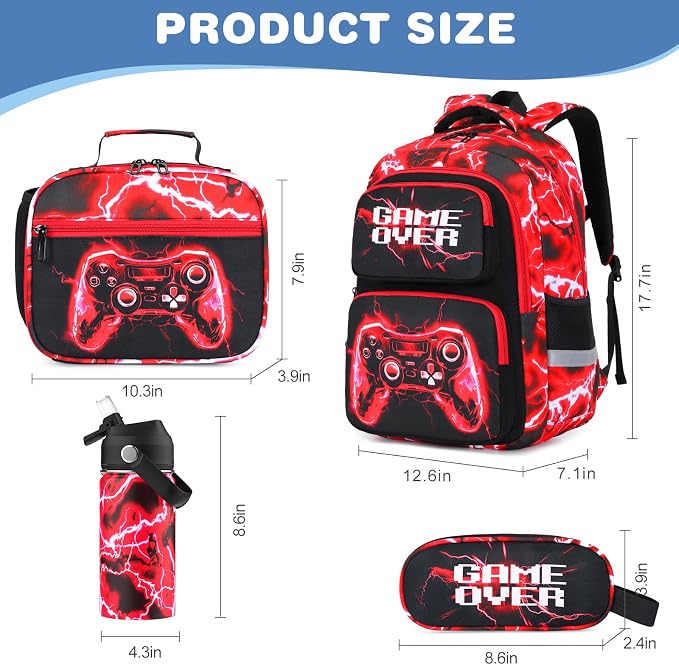 Bevalsa Kids Backpack for Boys with 14oz Insulated Bottle, Gamer Backpack School Bags for Kids & BPA-FREE Stainless Steel Metal Bottle for Elementary Middle School Student (Red Lightning) - Image 2