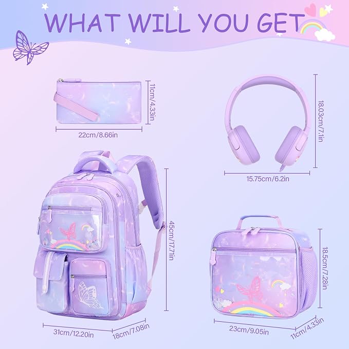ACESAK Kids Backpack for Girls, Rainbow Backpack Set with Over-ear headphones, Lunch Bag Set for School, Girls Backpack for Elementary Middle school Teen Student(Purple) - Image 2