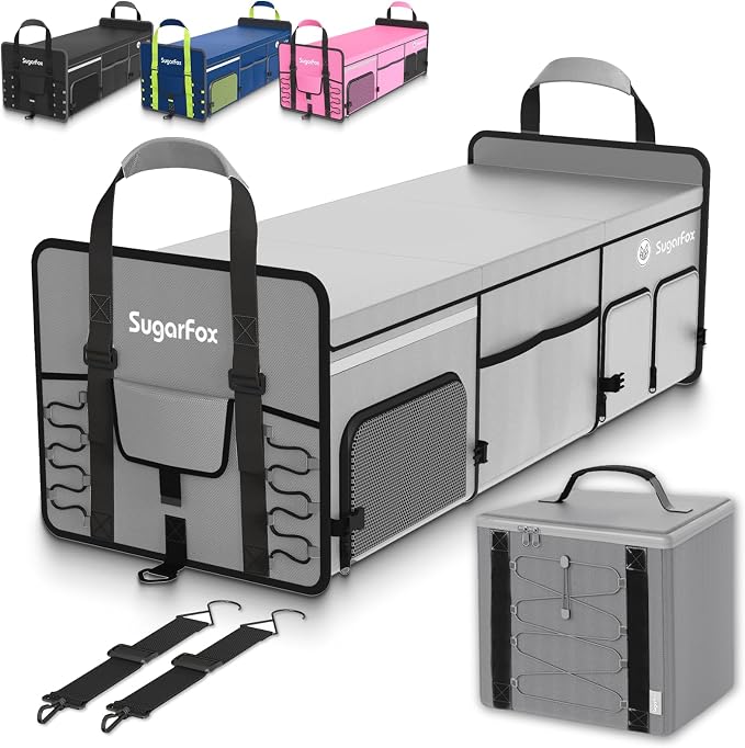 SugarFox Bold Color Block Trunk Organizer | 95L, 35"x13.8"x11.8" | Dedicated Shoe Storage & 26L Ice Pack | Foldable for SUV/Car/Jeep | Car Accessories for Men & Women - Gray-X212 by SugarFox