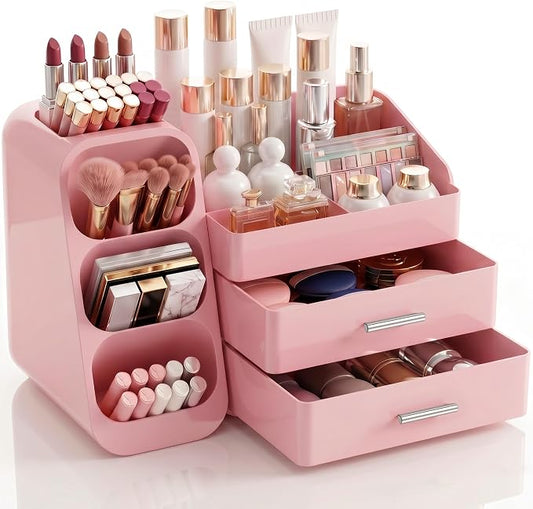 Makeup Organizer with Drawers,Large Capacity Countertop Organizer for Vanity,Bathroom and Bedroom Desk Cosmetics Organizers,Easy To Storage Skincare,Brushes,Lotions (All Pink) by KQJS