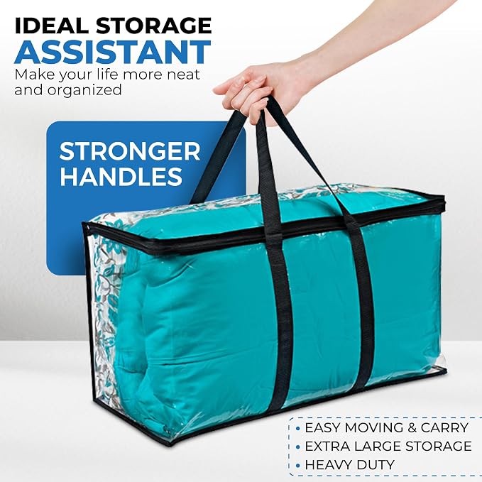 VitalUp 4 Pack Clear Large Moving Bags, Heavy Duty Storage Bags, College Totes, Storage Bins, for Organizing Blankets, Clothing for College, Dorm, Packing, Durable with Zipper and Handle 25x14x12 - Image 4