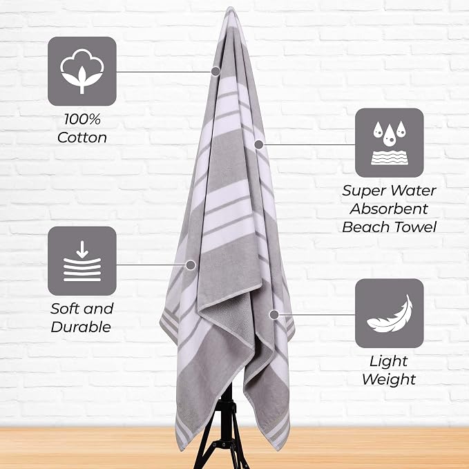 Superior Oversized Cotton Beach Towel Set of 4, Absorbent Towels for Bathroom, Beach, Pool, Swim, Adults, Kids, Vacation, Travel, Bath, Quick Dry Basics, Trip Essentials, Striped Decor, Light Grey - Image 3