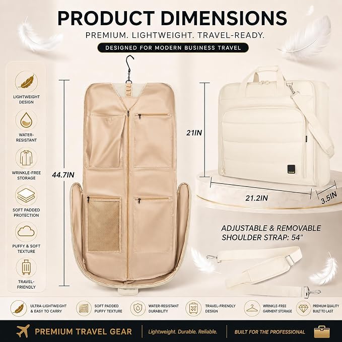 Travel Garment Bag for women,Lightweight Puffy Carry on Garment Bag for Hanging Clothes,44.7'' Waterproof Travel Suit Bag with Shoulder Strap,2 in 1 Foldable Duffle Bag,Beige - Image 6