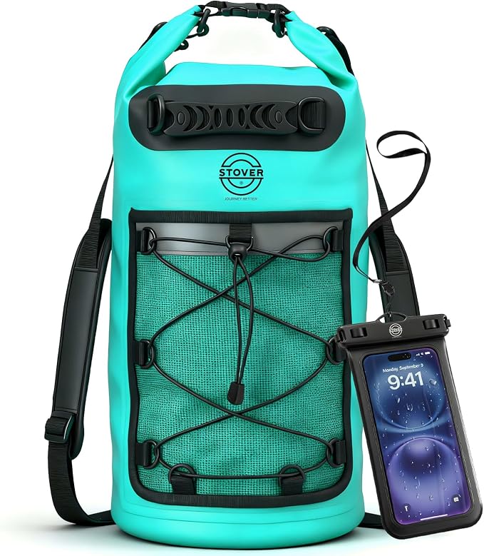 STOVER 5/10/25/30/40L Waterproof Dry Backpack & Phone Case- Large Floating Dry Bag for Kayaking, Travel, Hiking, Fishing, Camping, Motorcycles & Beach, Heavy-Duty Roll Top Men/Women (Teal) by STOVER