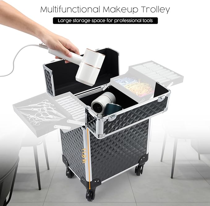 Rolling Makeup Train Case Large Cosmetic Trolley Organized Aluminum Barber Case for Hairstylist Makeup Nail Tech Salon with Keys Swivel Wheels Traveling Cart Trunk - Black - Image 4